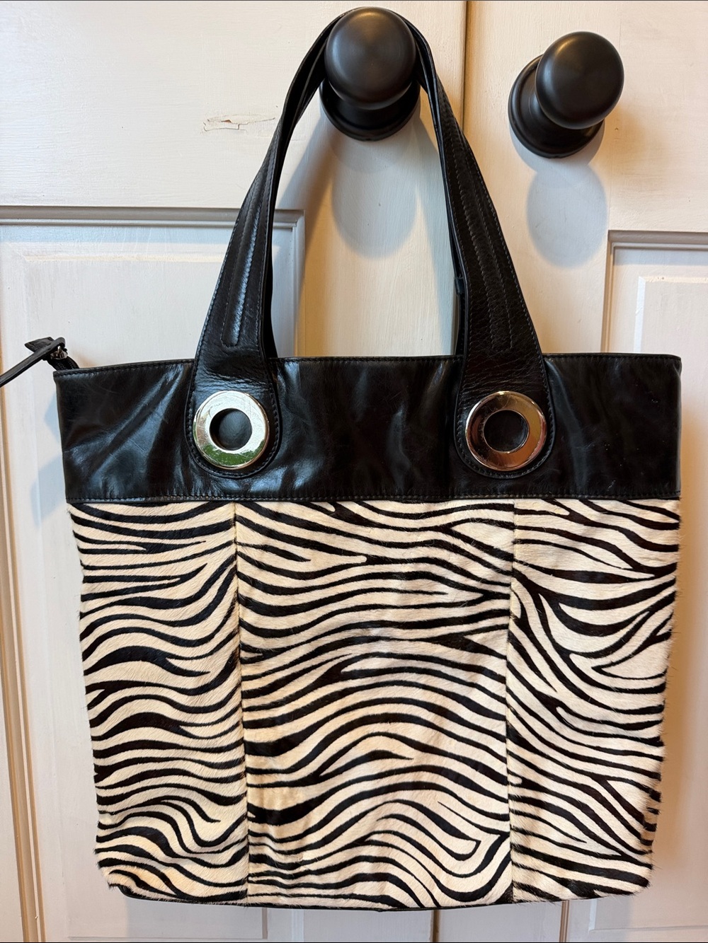 Aqua Madonna Black & White Zebra-Print Tote with Black Trim